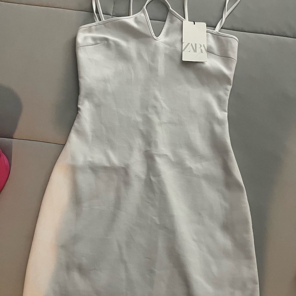 Zara White Double-Strap V-Neck Mini Dress